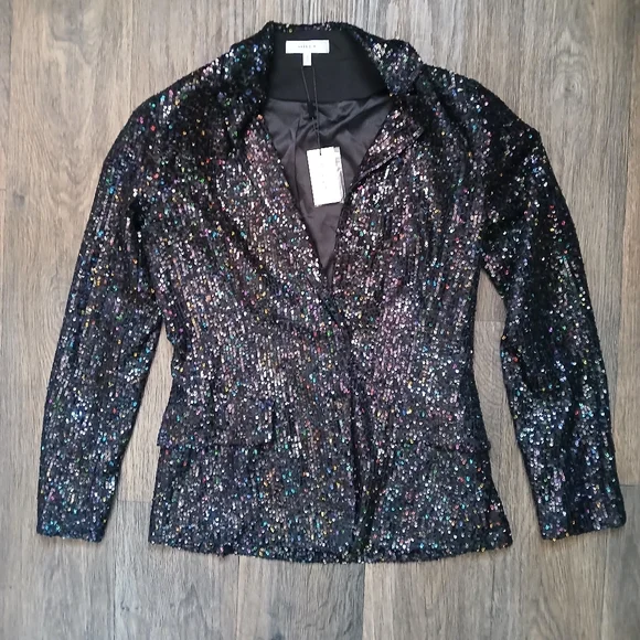 NWT MILLY Confetti Sequin Fitted Blazer in Black Multi - Picture 3 of 16